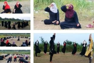 Muslim women performing yoga