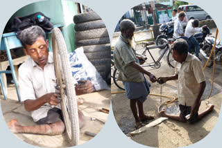 puncture shop of disabled Amjad for the last 20 years in gulbarga