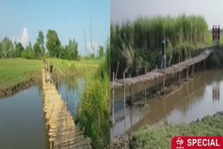villagers built temporary bridge on sutia river at indo nepal border in pilibhit