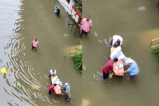 The doctor had to go on a stretcher to treat the patient as the hospital was flooded