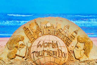 Sudarshan pattnaik from Odisha creates sand Art to promote World tourism etv bharat news