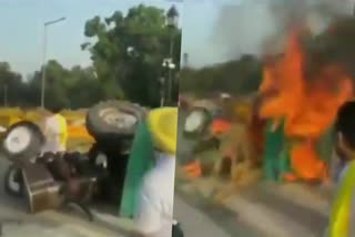 Punjab Youth Congress workers Tractor set on fire at India Gate in Delhi