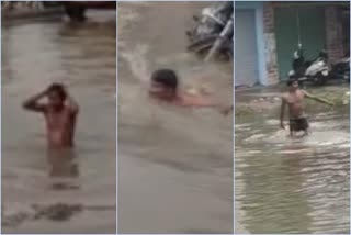 Young man protests by swimming in sewage  മലിനജലത്തിൽ നീന്തി യുവാവിന്‍റെ പ്രതിഷേധം  ബെംഗലരു  കർണാടക  മണ്ഡ്യ