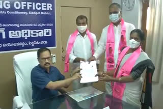 trs candidate solipeta sujatha nomination filed in Dubbaka election