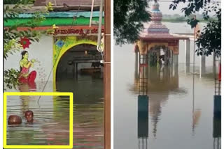 Priest went to the temple by swimming in flood and worship