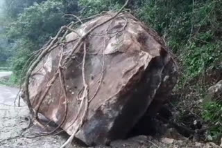 Huge rock topples down the road