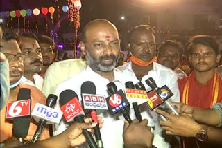 BJP chief Bandi Sanjay in karimnagar mahashakti temple in bathukamma sambaralu