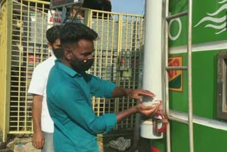 a private bus service operating in Kozhikode has installed a water tank & tap, along with a hand wash bottle on the backside of its bus