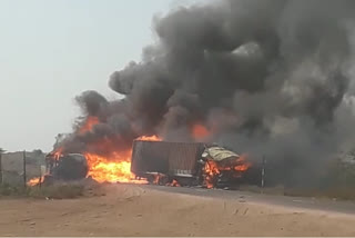 Chemical tanker and truck burn