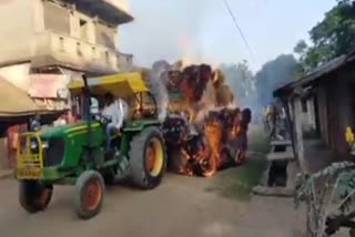 The tractor caught fire after being electrocuted