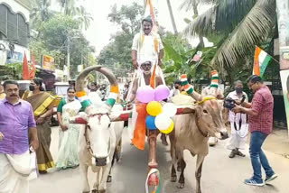 തെരഞ്ഞെടുപ്പ് പ്രചാരണവുമായി ബാബു ചേട്ടൻ  കാളവണ്ടിയിലുള്ള തെരഞ്ഞെടുപ്പ് പ്രചാരണം  കാളവണ്ടി പ്രചാരണം  തിരുവനന്തപുരത്തെ കാളവണ്ടി പ്രചാരണം  bullock cart election campaign in thiruvananthapuram  bullock cart election campaign  bullock cart election  thiruvananthapuram election campaign