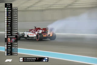 Kimi Raikkonen's car catches fire - then he helps to put out the blaze