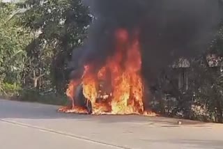 car burning in a road accident in jagatsinghpur