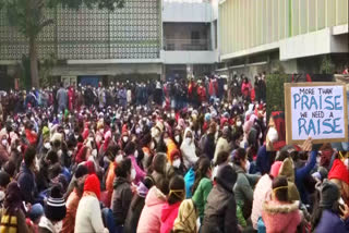 Members of AIIMS Nurses Union in Delhi sit on an indefinite strike