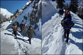 Villagers lift the patient for 15 kilometer on stretcher to the hospital in Lahaul Spiti