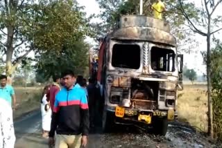 rice loaded truck burn in subarnapur