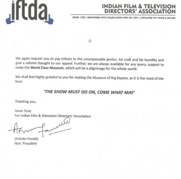 IFTDA appeal to godrej Properties to spare some part of R.K. studio for Raj kapoor museum