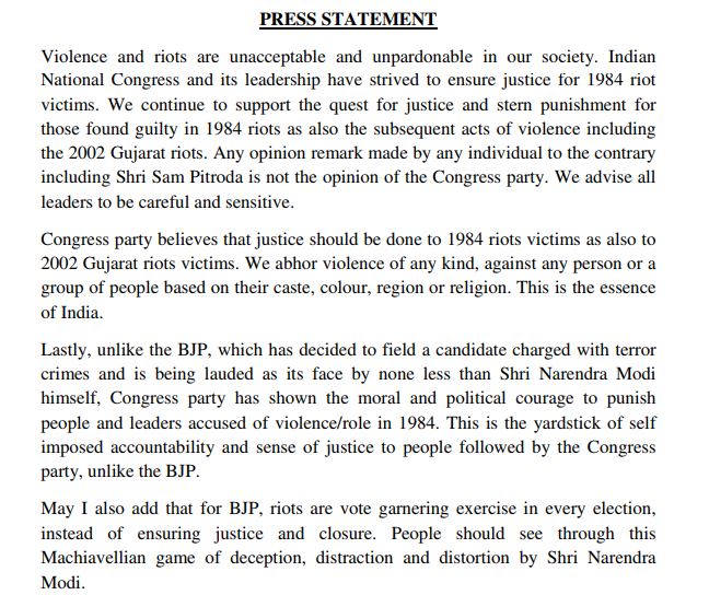 congress on 1984 sikh riots