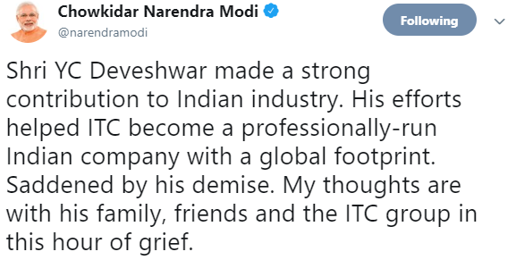 Y C Deveshwar , ITC,  Political, business leaders , rich tributes,  business news