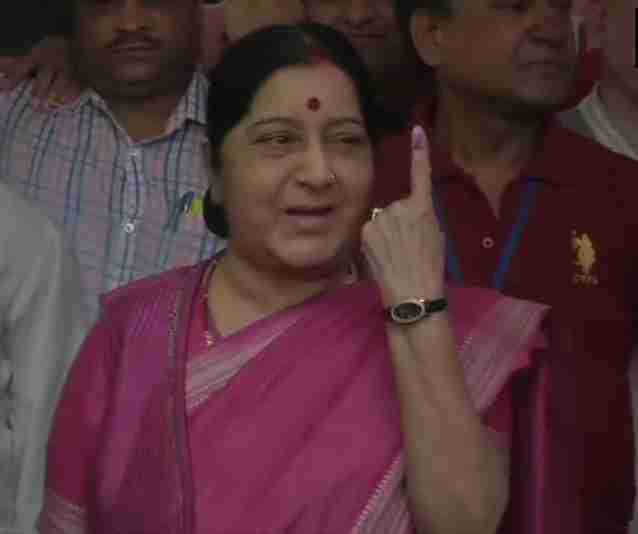 Swaraj shows off her inked finger after voting