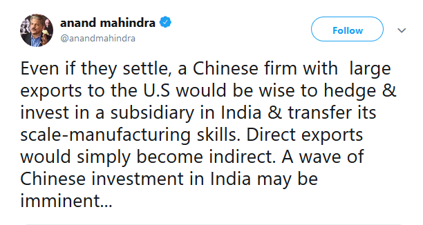 Mahindra Group,Mahindra Group Chairman,Anand Mahindra,Chinese investment in India,trade war,US China trade war,business news