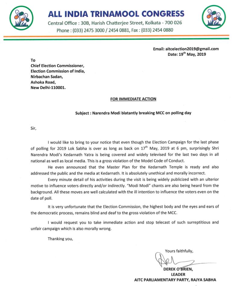 Derek sent a complaint letter to Election Commission of India on Sunday.