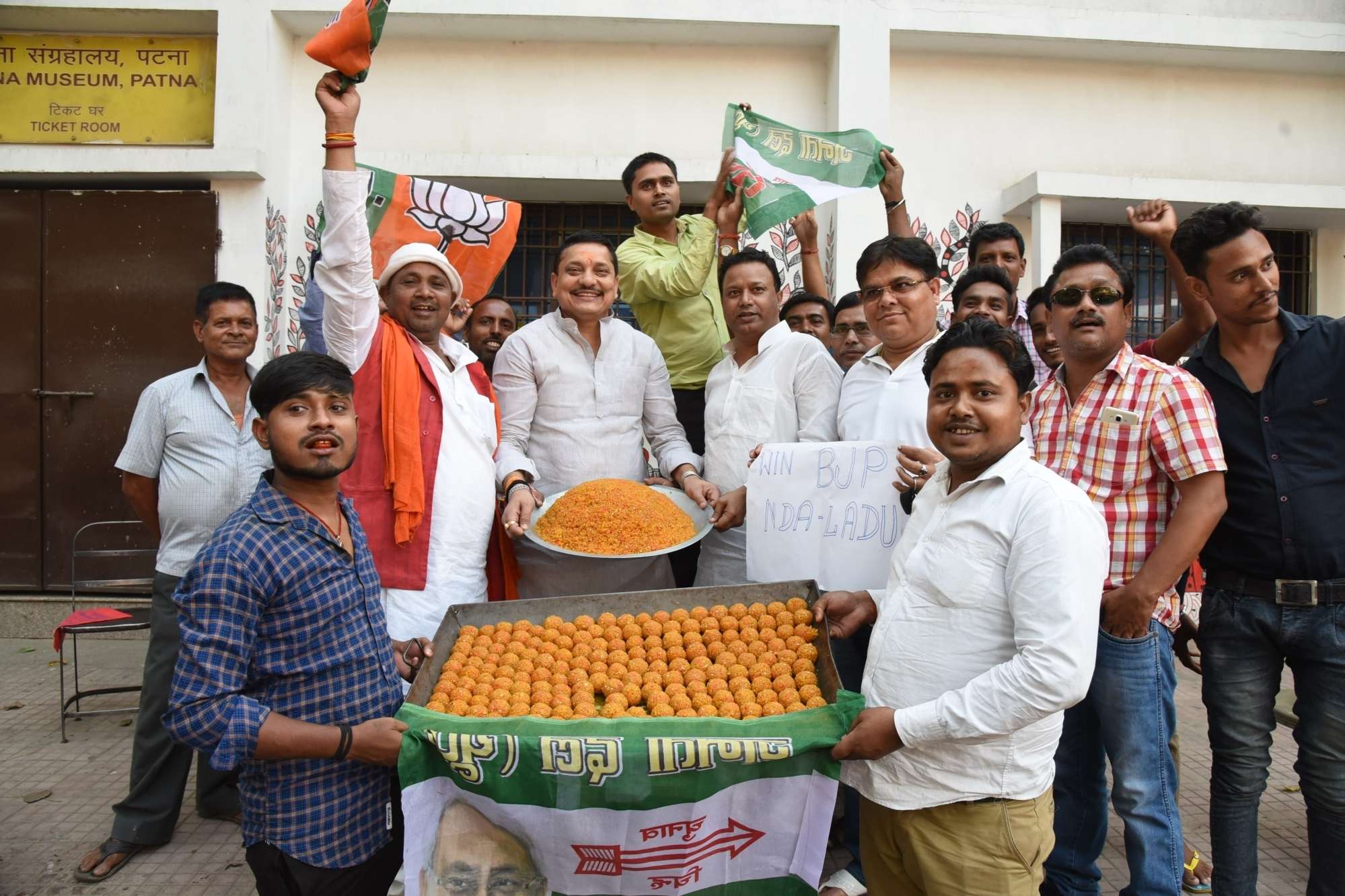 Workers of NDA parties in Patna celebrate with laddus after most exit polls showed the BJP-led NDA getting majority