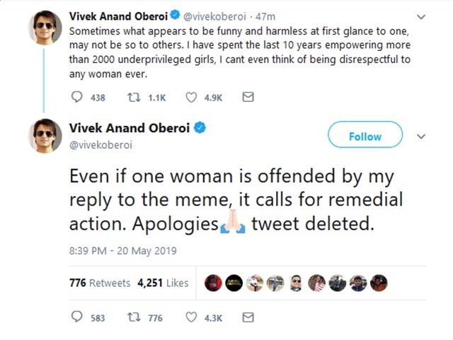 Vivek obrai apologies for his controvery tweet