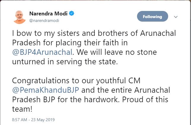 modi on result of arunachal