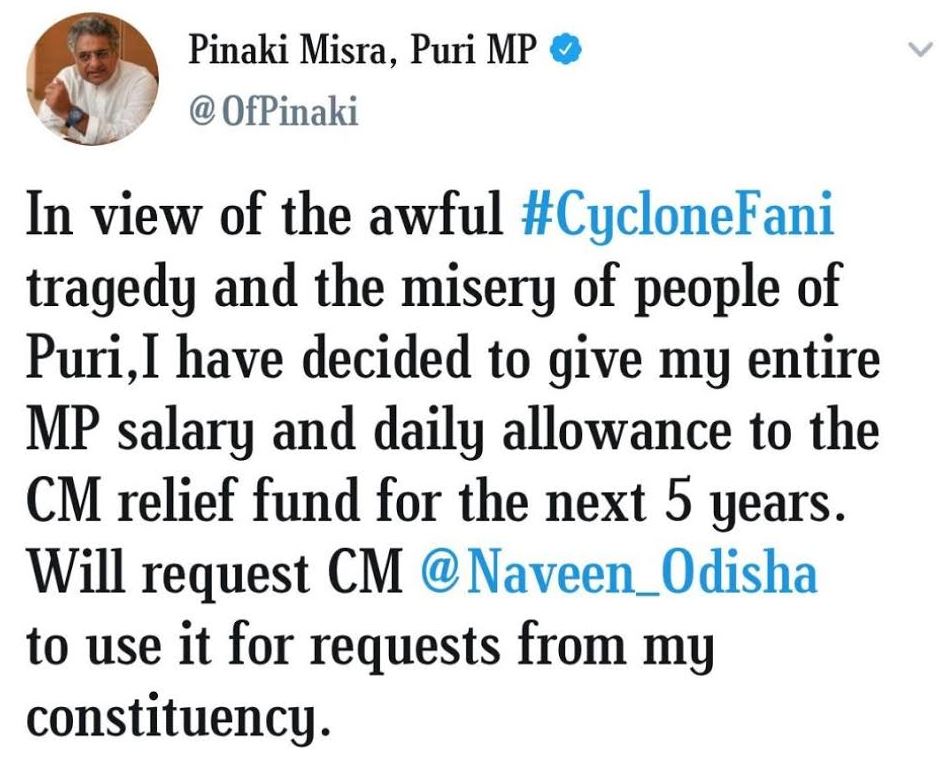 puri mp, pinaki mishra, annouces, donate, full salary, five years, cm relief fund, bhubaneswar, ଭୁବନେଶ୍ବର