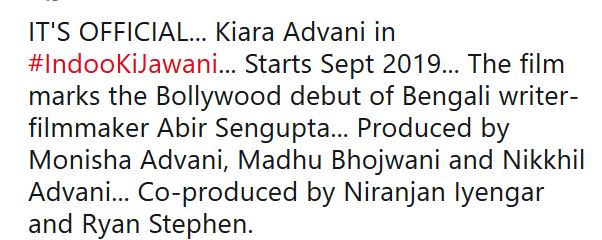 Kiara Advani to star in a film titled Indu Ki Jawani