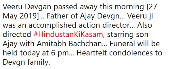 Ajay Devgn father Veeru Devgan passed away