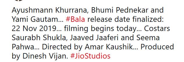 Ayushmann, bhumi, yami starrer bala to release on November 22