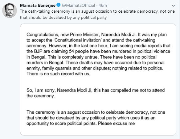 MAMATA TO NOT ATTEND MODI'S SWEARING