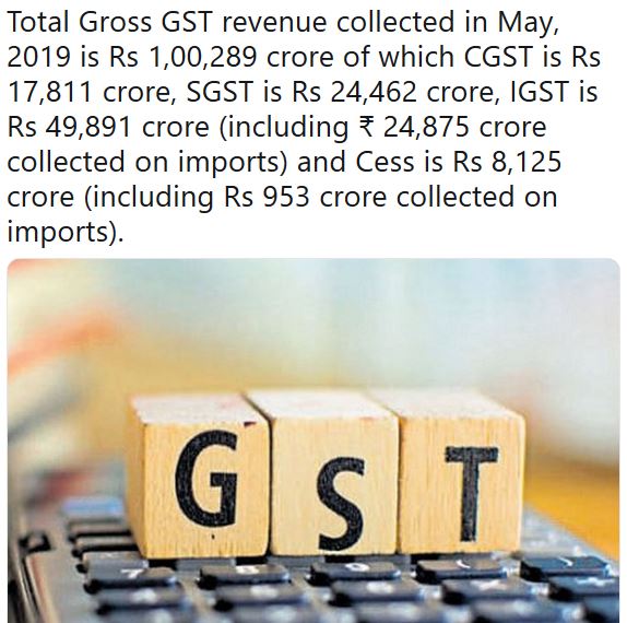 total gst collection in may is 1,00,289 crore