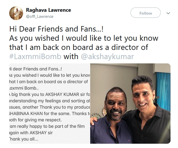 Laxmmi Bomb Directer Raghava Lawrence back on directorial board