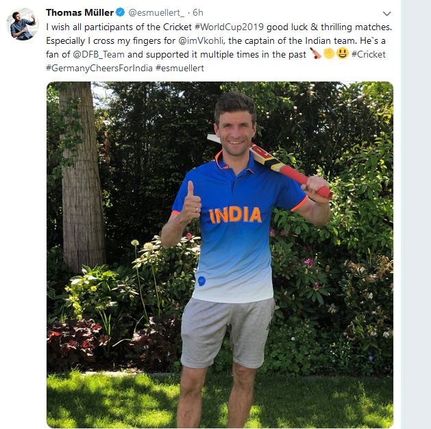 German forward, ThomasMuller, Indian cricket jersey, wished, good luck, participants, ICCCricketWorldCup2019, ଥୋମାସ ମୁଲର