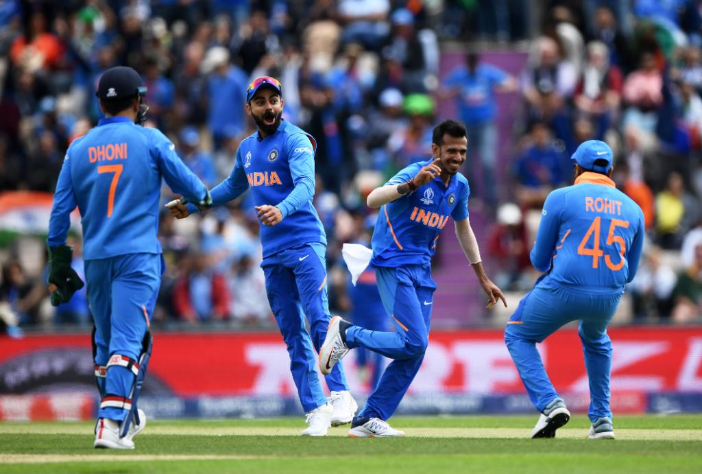 Team India celebrates after Yuzvendra Chahal takes one of his four wickets against South Africa.