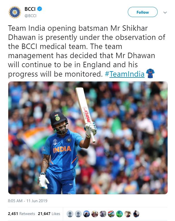 bcci said that dhawan will stay with  the squad