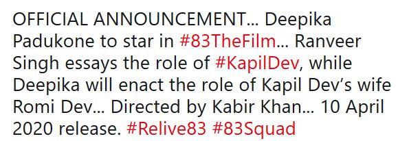 Confirmed! Deepika to join Ranveer in '83'