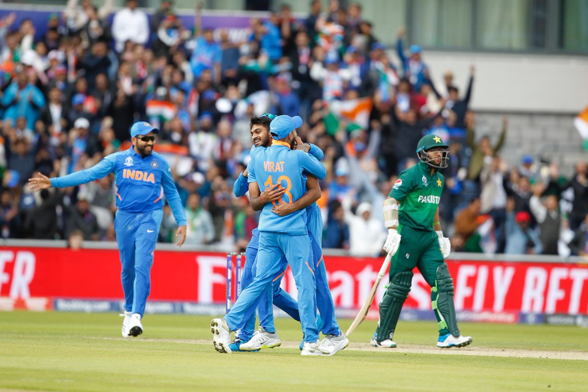 Vijay Shankar celebrates with teammates after dismissing Imam-ul-Haq.