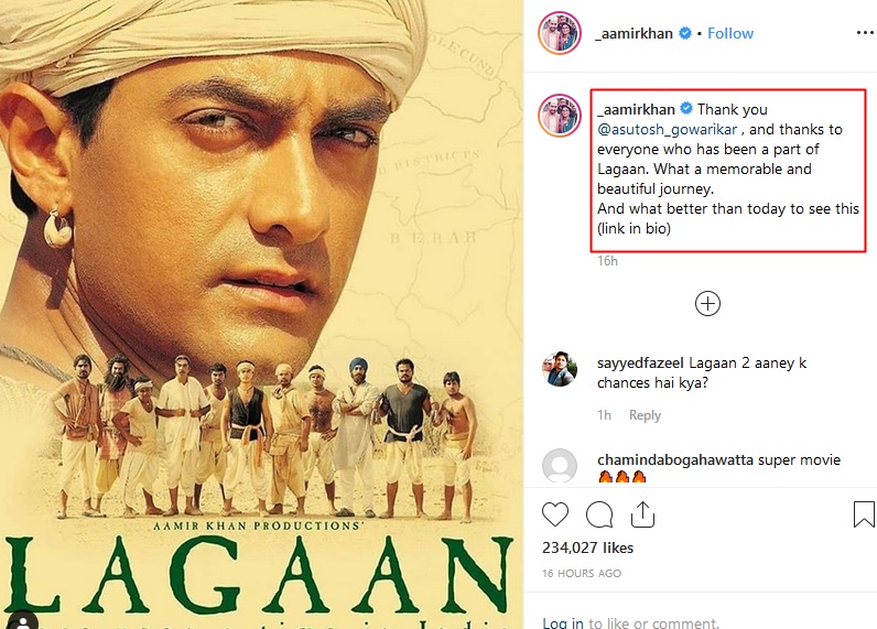 Amir Khan Shares Heartwarming post on 18 Years of Lagaan release