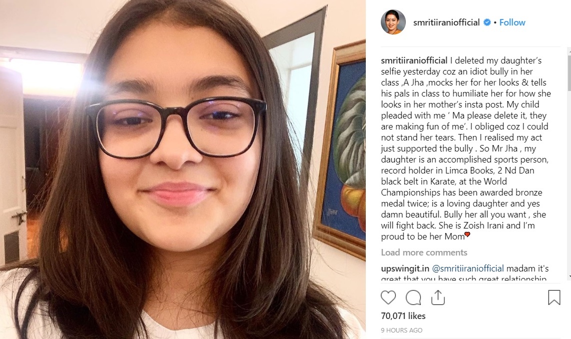 Irani writes post against bullying on Instagram after daughter mocked at school