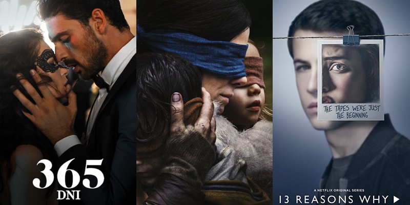 Collage of stills from 365 Days, Bird Box and 13 Reasons Why