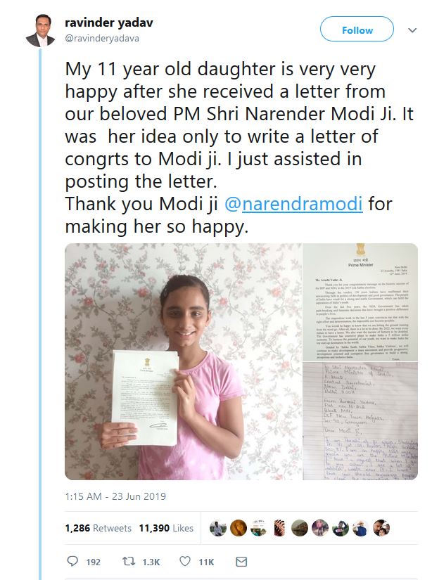 od_modi replied 11 yr old girl letter