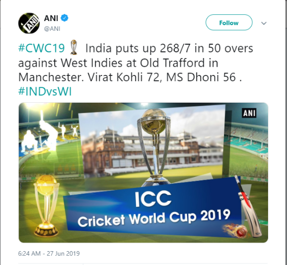 India set West Indies 269 to win  കോലിക്കും ധോണിക്കും അർദ്ധ സെഞ്ച്വറി  269 റൺസ് വിജയലക്ഷ്യം