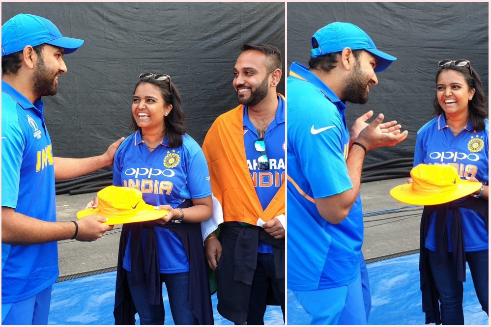 a lady hit by a rohit six after he given signed hat