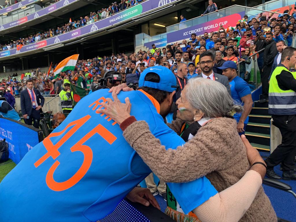 Centurion Rohit Sharma meets 87-year-old fan Charulata Patel at Edgbaston stands.