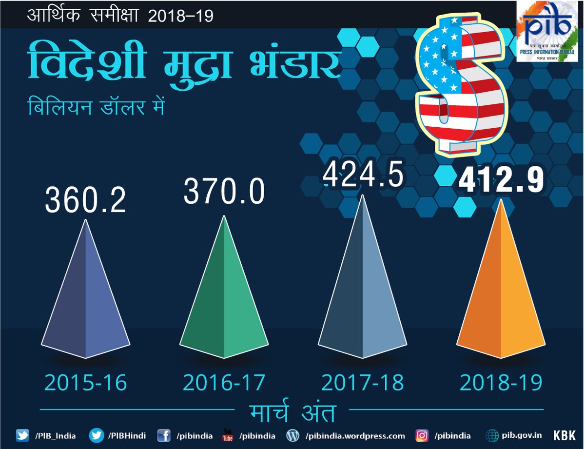 वित्त वर्ष 2018-19 के लिए विदेशी मुद्रा भंडार 412.9 बिलियन अमरीकी डालर