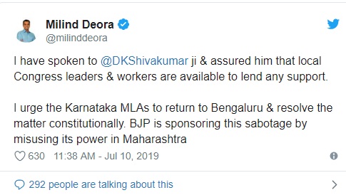 milind deora on karnataka